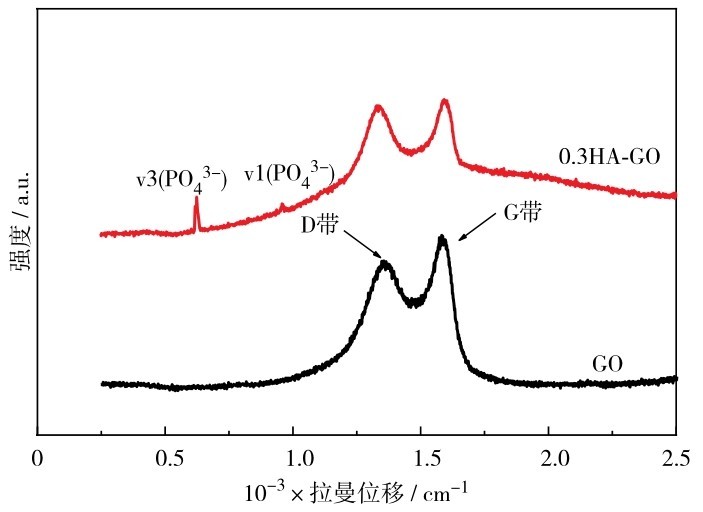 图9 GO和0.3HA-GO复合微球的拉曼光谱Fig. 9 Raman spectra of GO and 0. 3HA-GO composite microspheres.