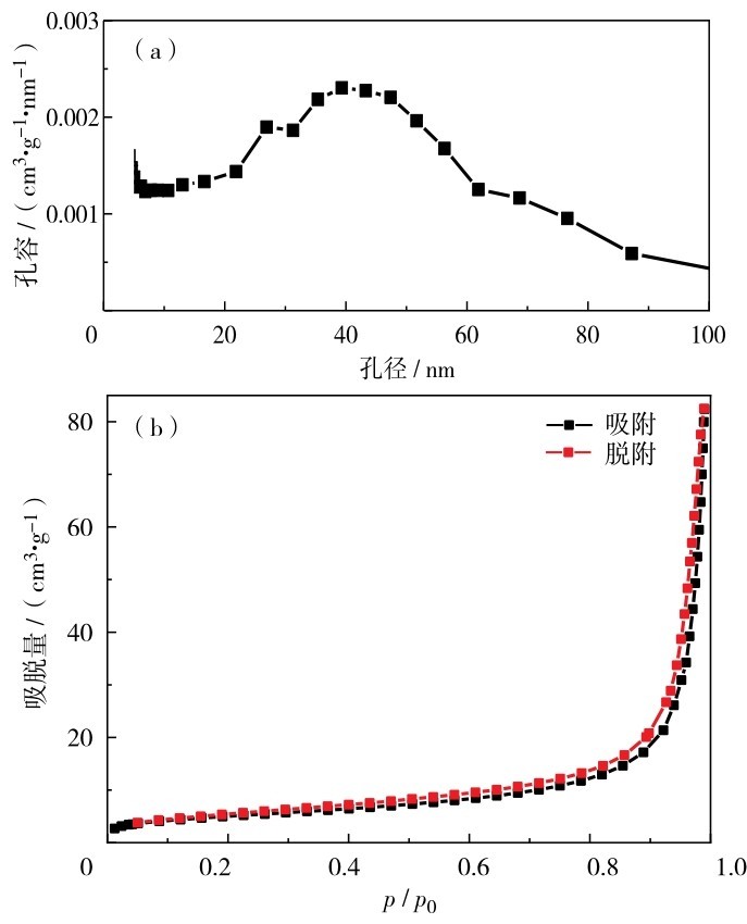 圖 10 HA-GO微球的BJH孔徑分布圖及吸脫附等溫曲線（a）BJH孔徑分布；（b）吸脫附等溫曲線Fig.10 Adsorption-desorption isotherm curve of HA-GO microspheres. (a) BJH pore size distribution map, (b) adsorption and desorption isotherms.