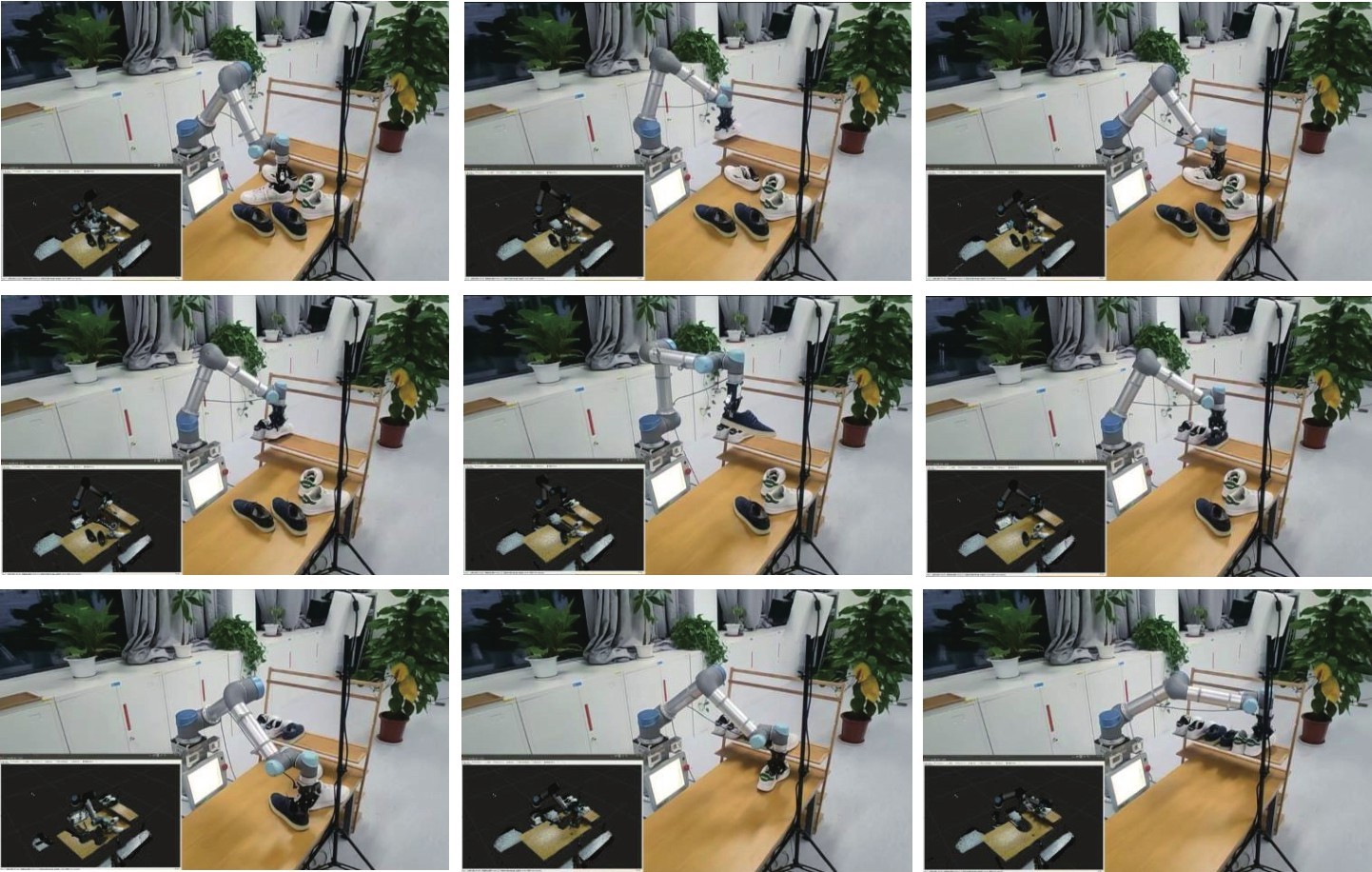 图 14 机器人整理鞋子真机实验的部分的视频帧（左下角为同步的点云） Fig. 14 Part of video frames of real robot experiment of shoes arrangement. (The bottom left corner is the synchronized point cloud.)